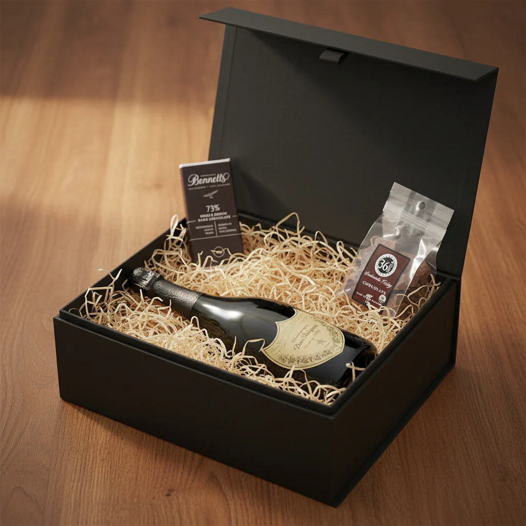 Load image into Gallery viewer, Black Luxury Gift box with a bottle of champagne, two packets, and a card on a wooden surface