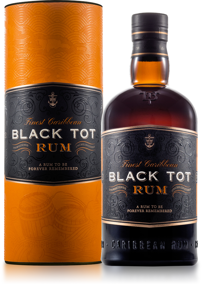 An image of a bottle of Black Tot Caribbean Navy Rum 700ml next to its Gift Tube Box