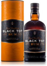 Load image into Gallery viewer, An image of a bottle of Black Tot Caribbean Navy Rum 700ml next to its Gift Tube Box