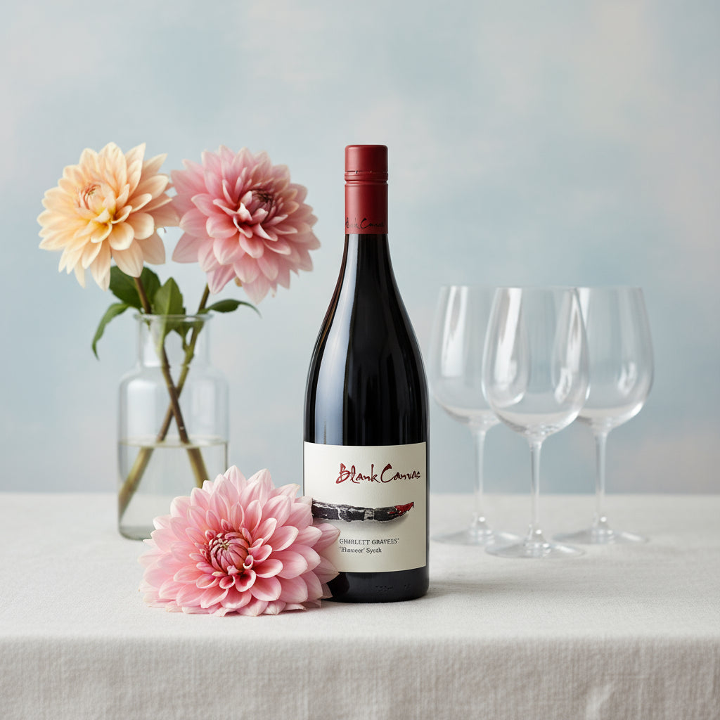 Blank-Canvas-Element-Syrah wine bottle with flowers and glasses on a light surface