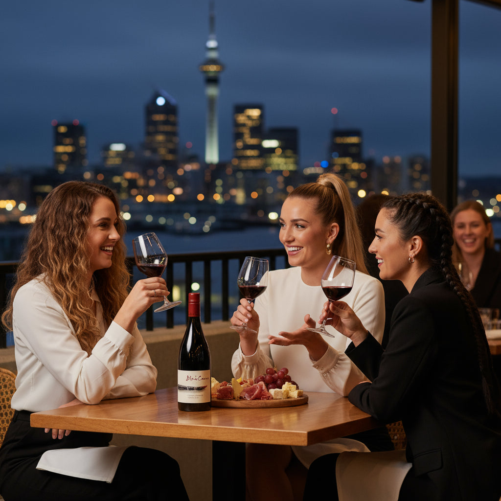 Three women enjoying Blank Canvas Element Syrah wine and snacks with a city skyline in the background