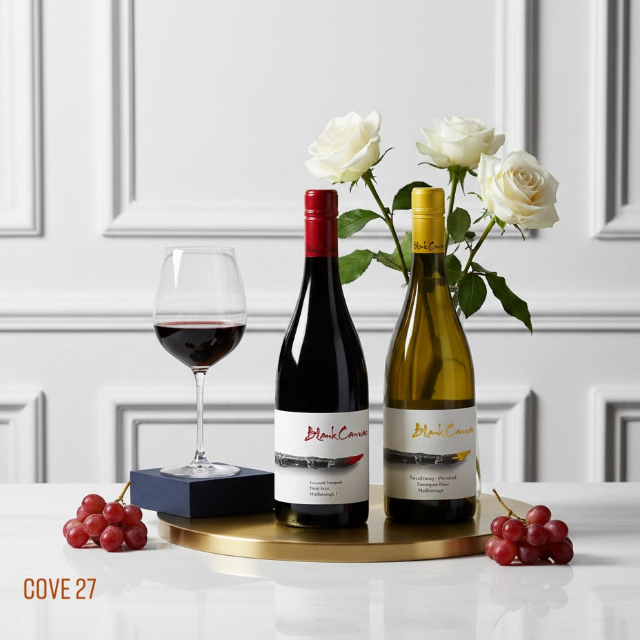 Load image into Gallery viewer, A glass of red wine next to a bottle of BLANK CANVAS Escaroth Pinot Noir, beside that is a bottle of BLANK CANVAS Holdaway Sauvignon Blanc and a vase with white roses on a decorative stand against a white paneled wall.