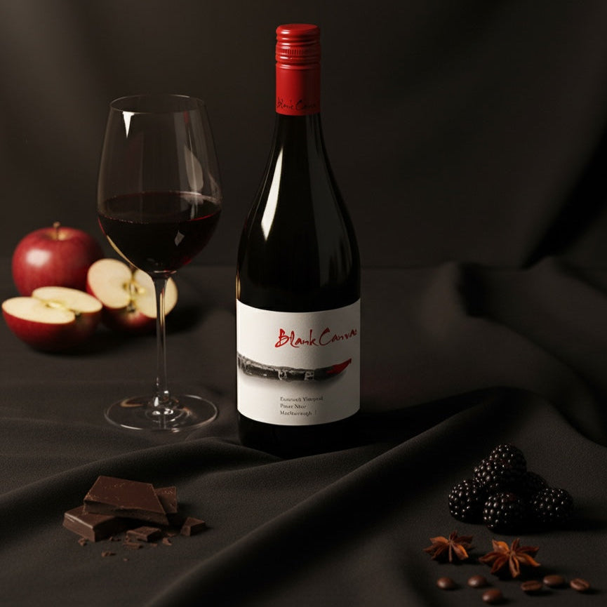 Load image into Gallery viewer, Bottle of Blank-canvas-escaroth-pinot-noir wine with a glass, apples, and blackberries on a dark surface