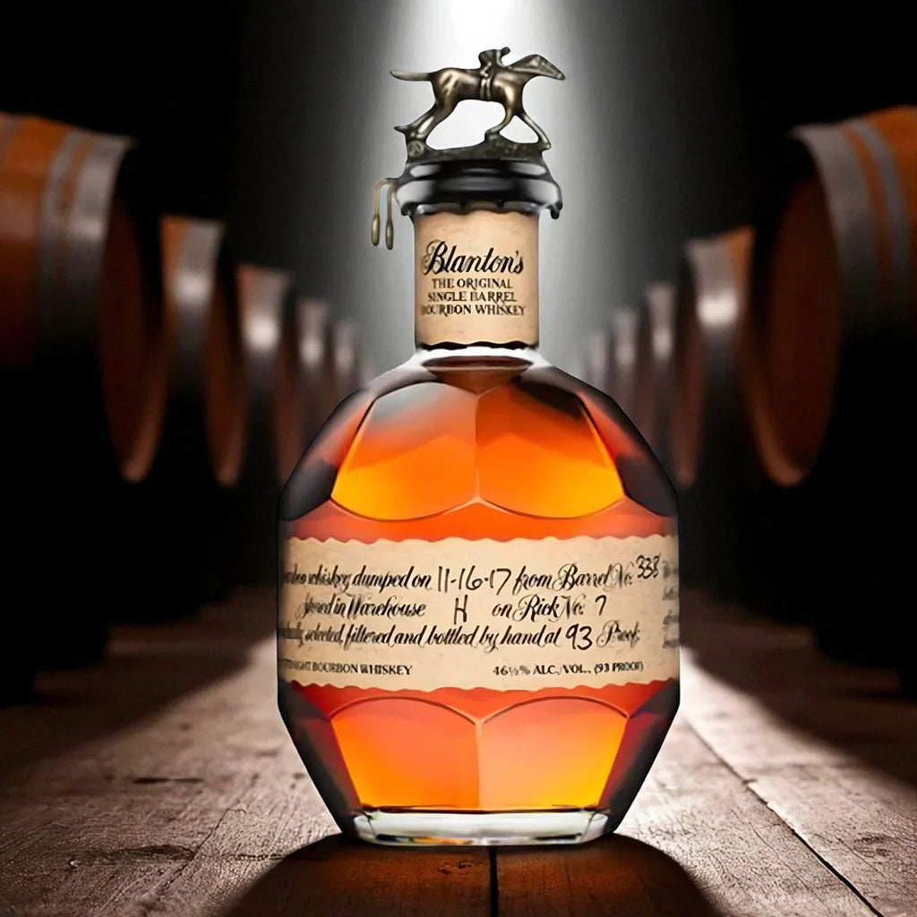Bottle of Blanton's Single Barrel Bourbon Whiskey with a horse emblem on a wooden barrel background.