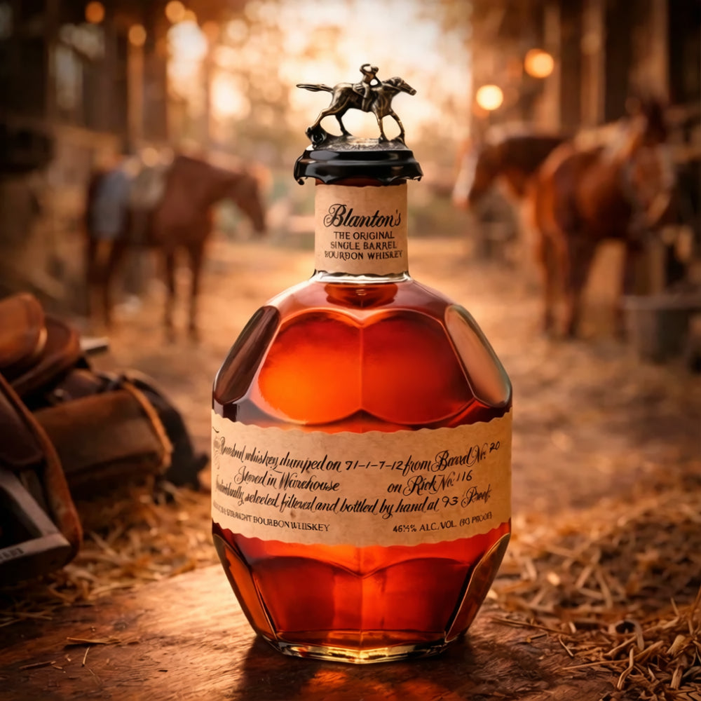 Load image into Gallery viewer, Bottle of Blanton's Original bourbon whiskey with horses in the background