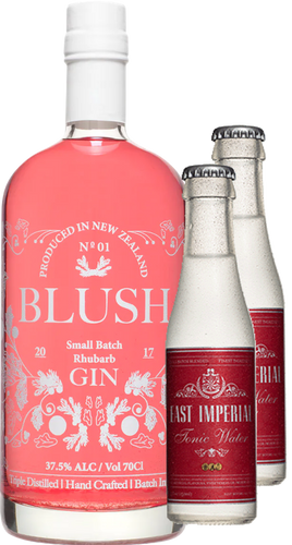 An image of Blush Rhubarb Gin Gift Box with two East Imperial Tonic waters