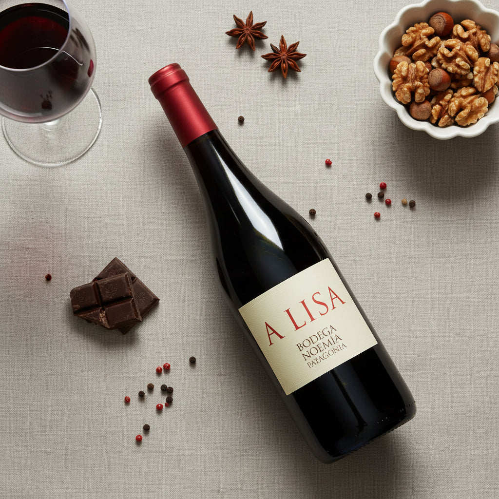 Load image into Gallery viewer, Bottle of Bodega Noemia A Lisa Malbec red wine with a glass, bowl of nuts, and chocolate on a textured surface
