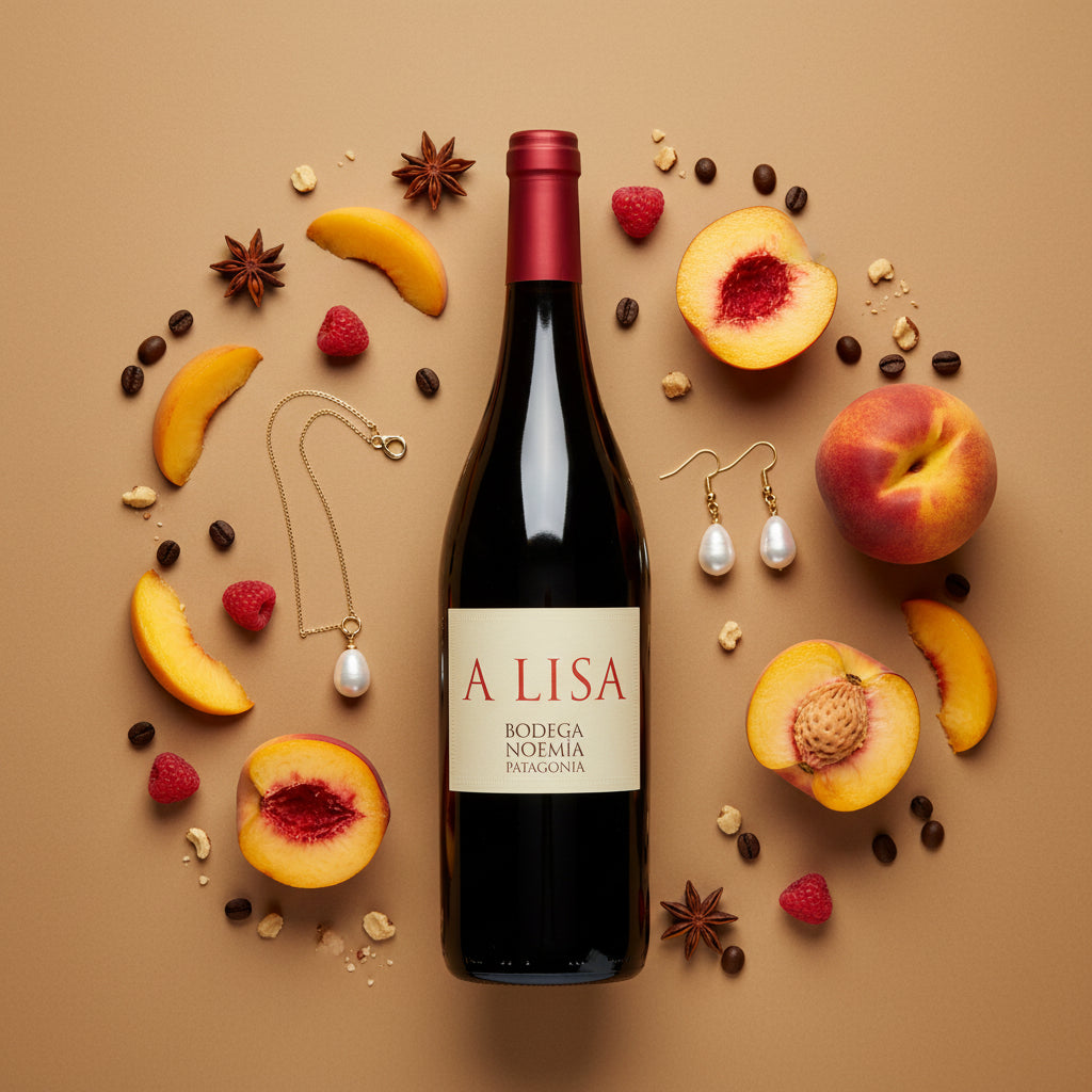 Load image into Gallery viewer, Bodega Noemia A Lisa Malbec red wine bottle labeled 'A Lisa' surrounded by peaches, raspberries, and jewellery on a brown background
