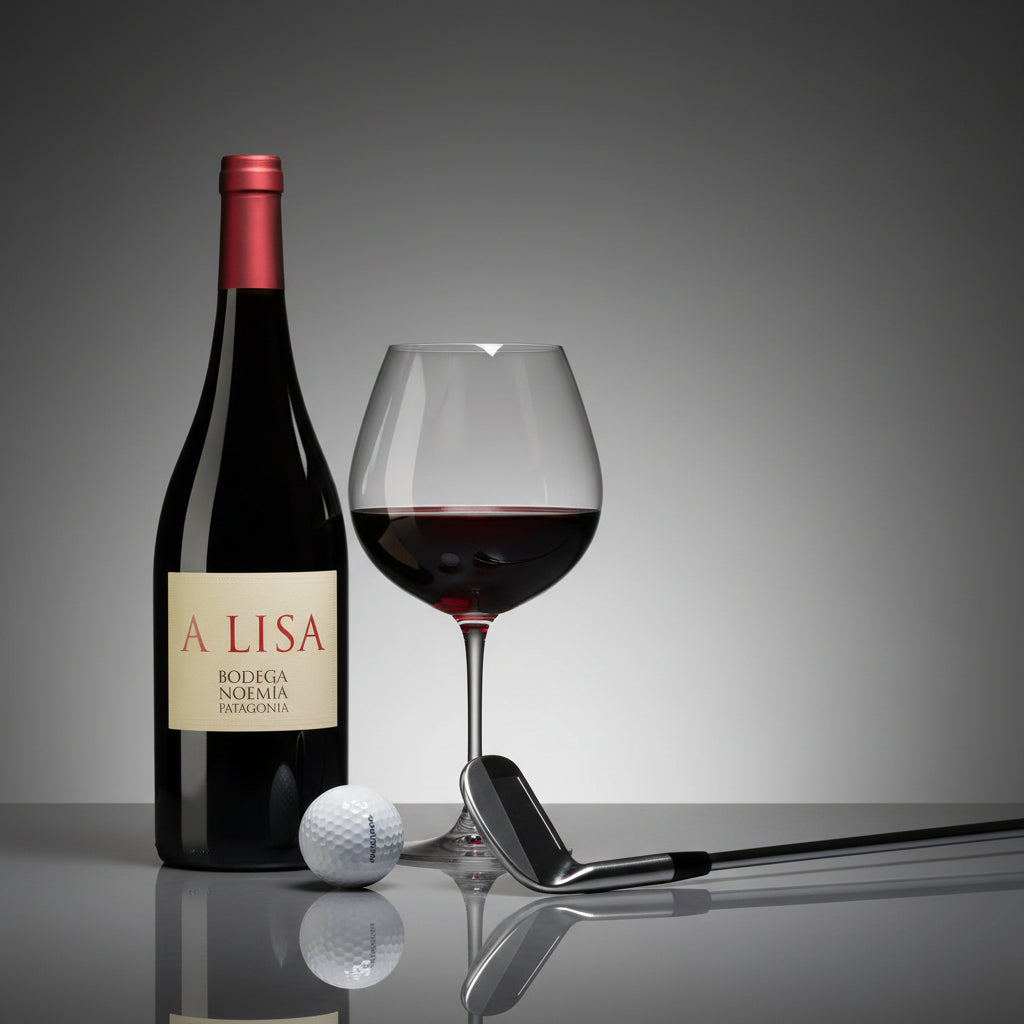 Load image into Gallery viewer, Bottle of Bodega Noemia A Lisa Malbec red wine with a glass of wine, golf ball, and club on a reflective surface.