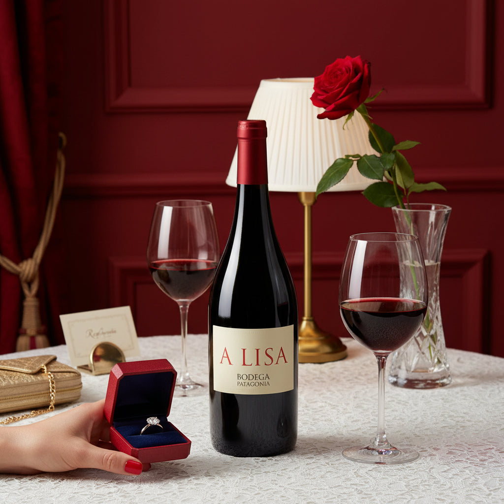 Load image into Gallery viewer, Bottle of Bodega Noemia A Lisa Malbec red wine with two glasses, a rose, and a ring on a table against a red wall.