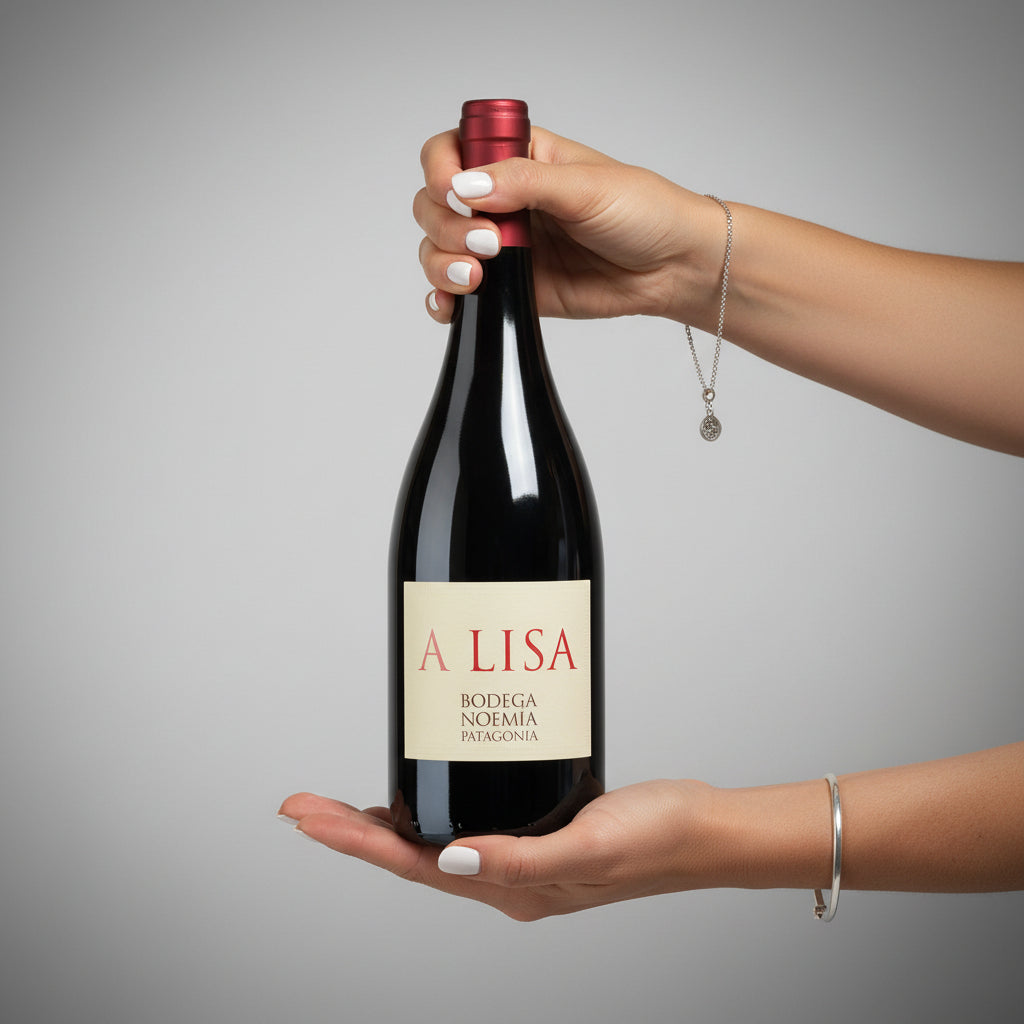 Load image into Gallery viewer, Woman hands holding a bottle of Bodega Noemia A Lisa Malbec red wine against a grey background