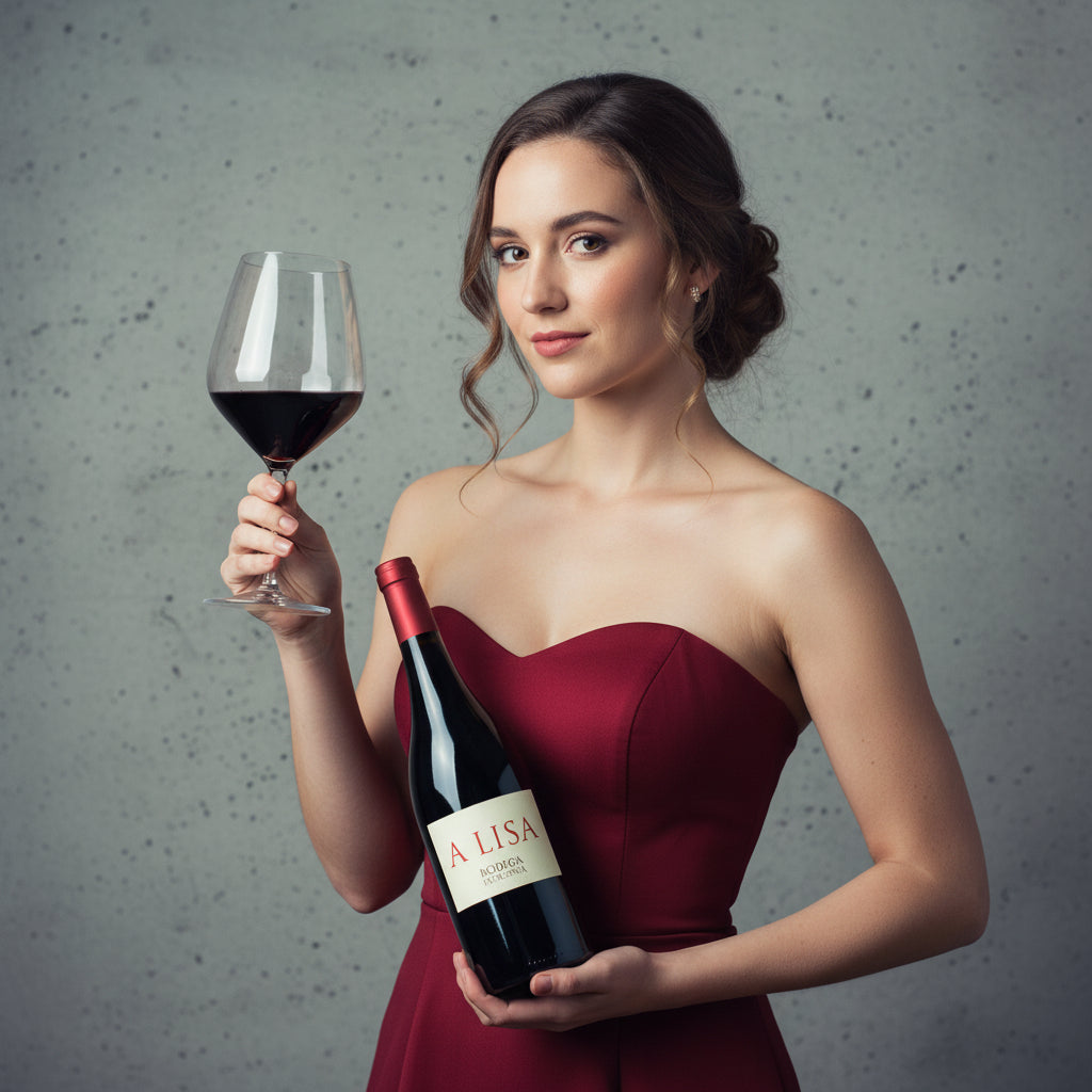 Load image into Gallery viewer, Woman in a red dress holding a Bodega Noemia A Lisa Malbec red wine bottle and glass of red wine against a grey background