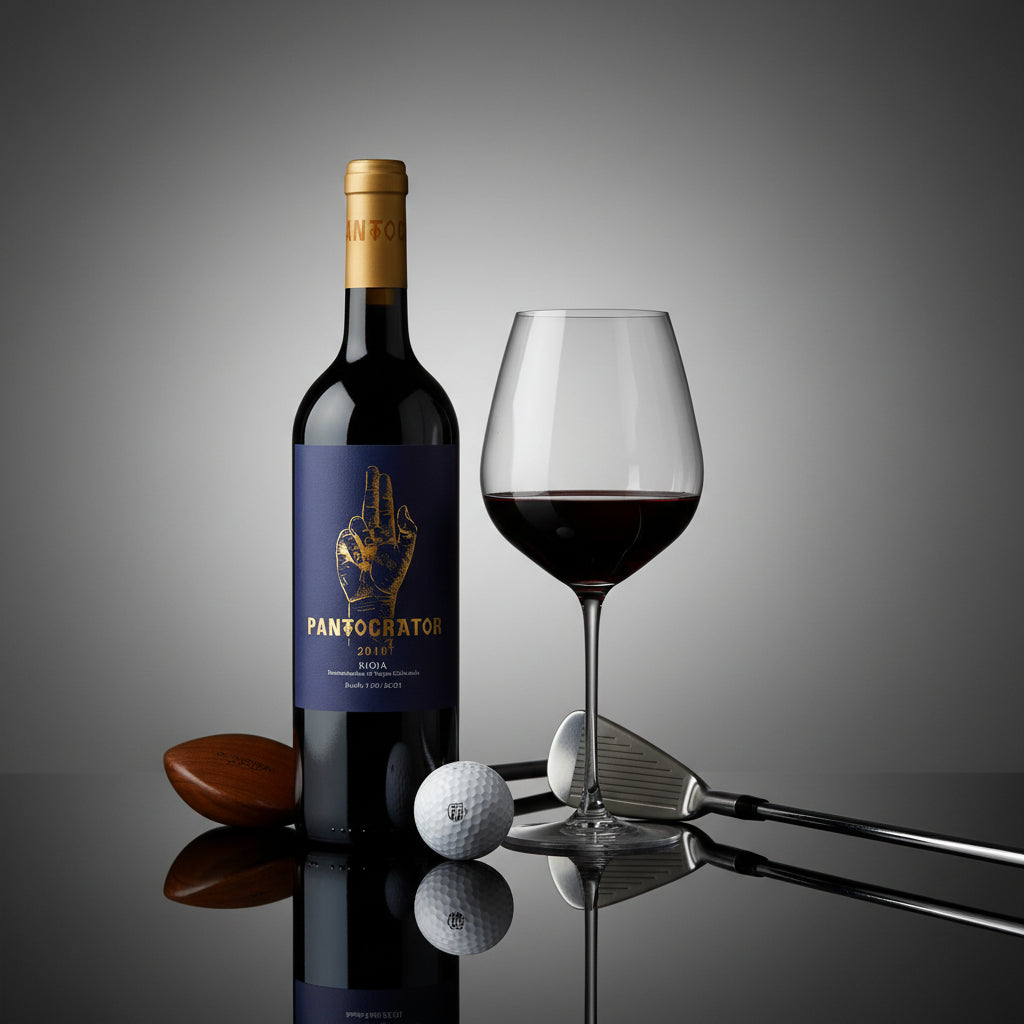 Load image into Gallery viewer, Bodegas Taron Pantocrator red wine bottle next to a half filled red wine glass on a reflective surface with a grey background