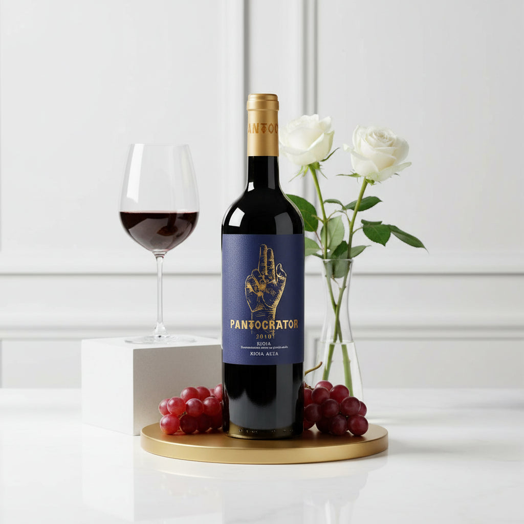 Load image into Gallery viewer, Bodegas Taron Pantocrator red wine bottle with a glass of wine, grapes, and a vase of flowers on a white surface.