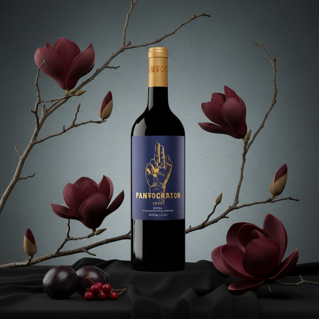Load image into Gallery viewer, Bodegas Taron Pantocrator red wine bottle with decorative label surrounded by flowers and fruits on a dark background