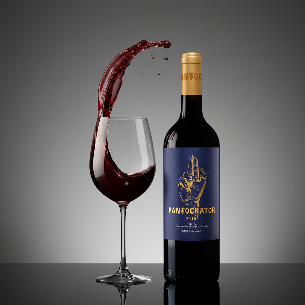 Load image into Gallery viewer, Bodegas Taron Pantocrator red wine bottle with a unique label next to a glass of red wine on a grey background