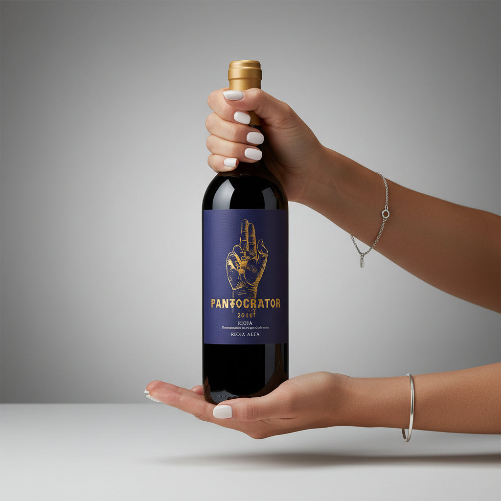 Load image into Gallery viewer, Woman hands holding a bottle of Bodegas Taron Pantocrator red wine with a grey background