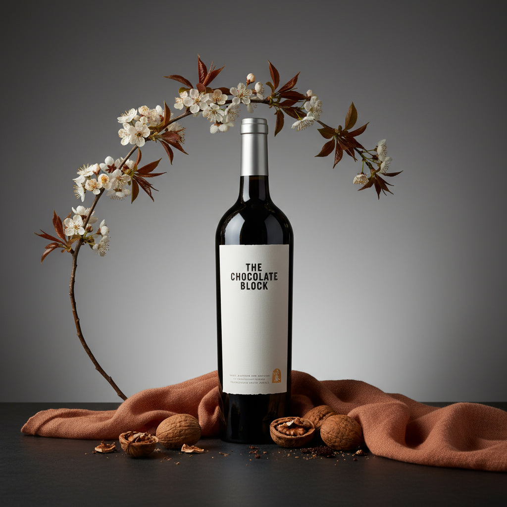 Wine bottle labeled 'Boekenhoutskloof_The_Chocolate_Block_Red_Blend' wine with decorative flowers and nuts on a dark surface.