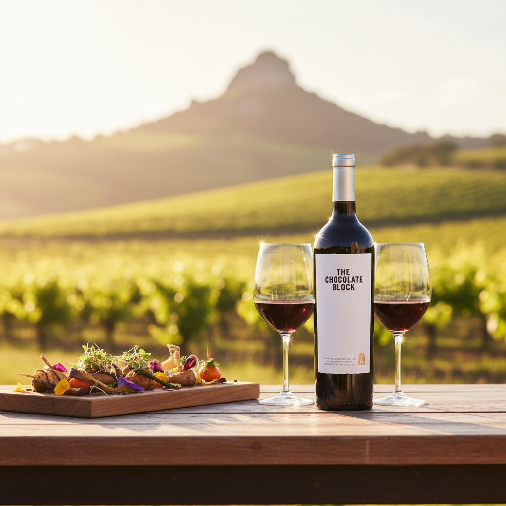 Load image into Gallery viewer, Bottle of 'The Chocolate Block' wine with two glasses and a platter of food on a table with a vineyard background.