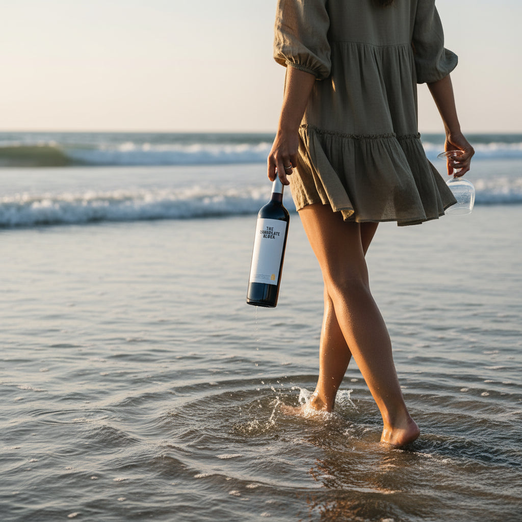 Person in a dress walking on a beach with a bottle of Boekenhoutskloof The Chocolate Block Red Blend wine in her hand.