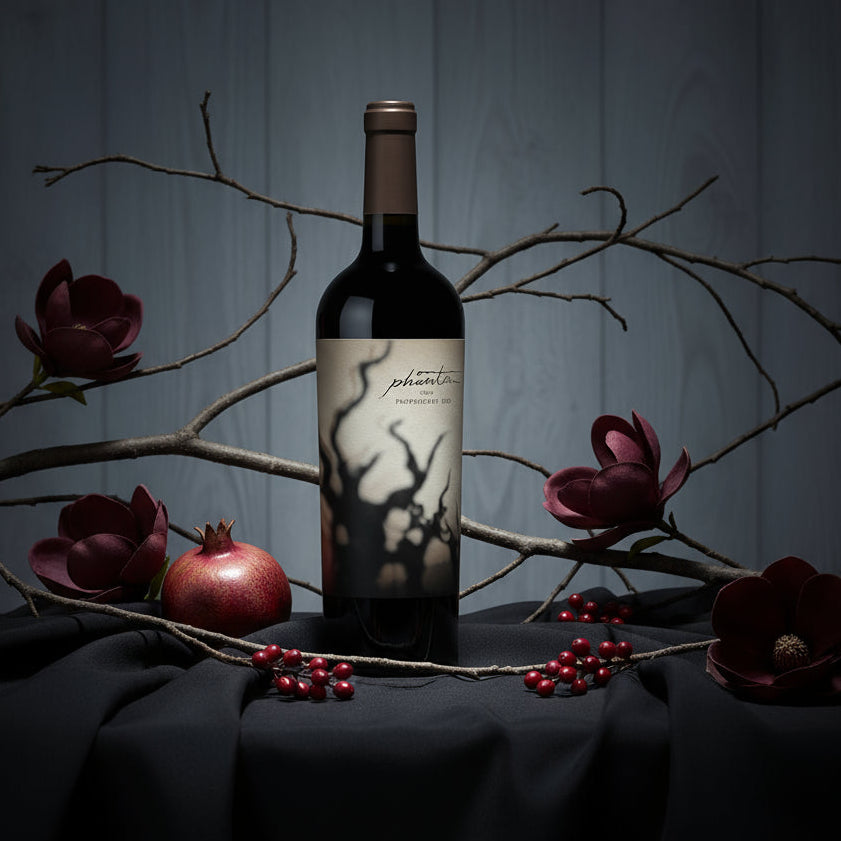 Bogle Phantom Proprietary Red Blend Wine bottle with decorative flowers and branches on a dark surface
