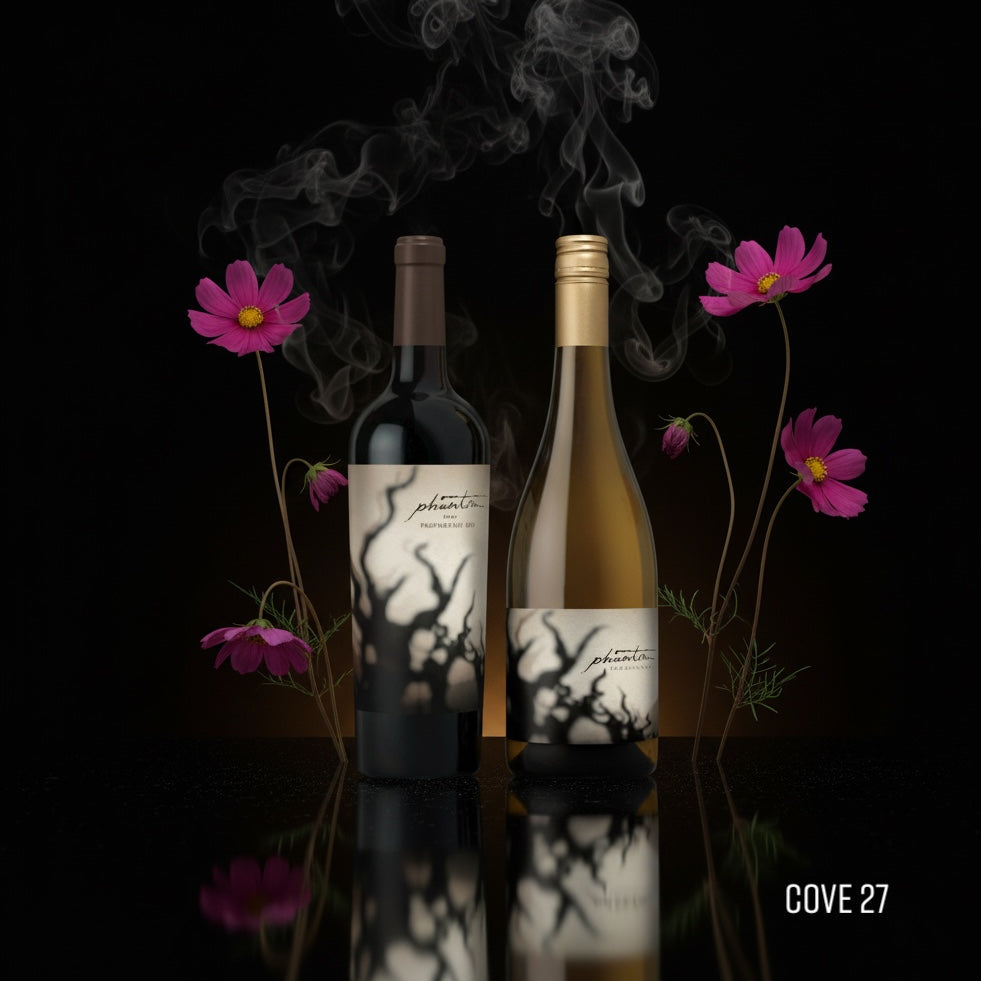 Load image into Gallery viewer, Two BOGLE PHANTOM wine bottles, one red blend and one chardonnay, with labels and pink flowers on a reflective surface against a black background.