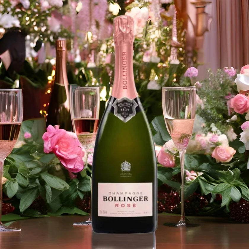 Load image into Gallery viewer, Bollinger Rose champagne bottle with a glass of champagne on a festive table with flowers and candles.