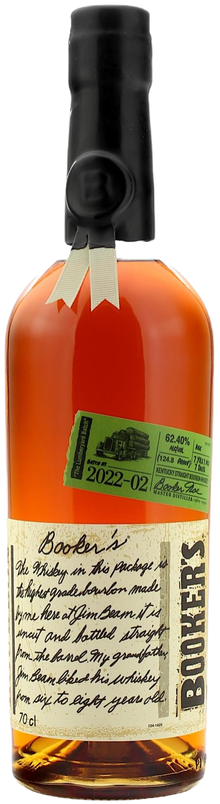 Bottle of Booker's bourbon whiskey with a label and green tag.