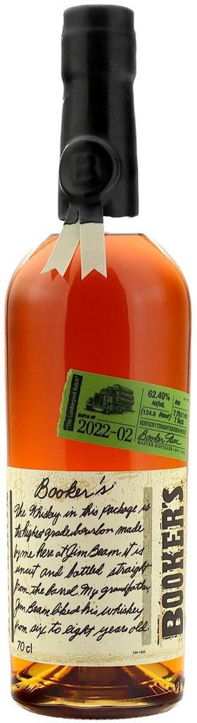 Bottle of Booker's bourbon whiskey with a label and green tag.