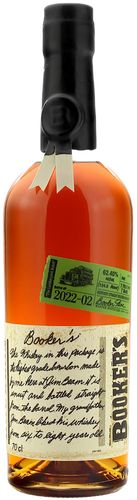 Bottle of Booker's bourbon whiskey with a label and green tag.