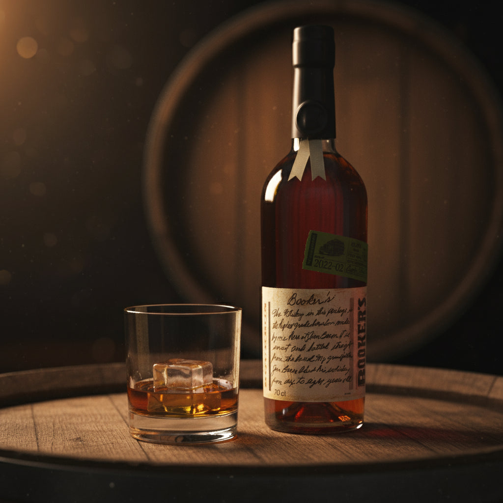 Bottle and glass of Bookers-Bourbon-The-Lumberyard-Batch whiskey on a wooden barrel with a dark background