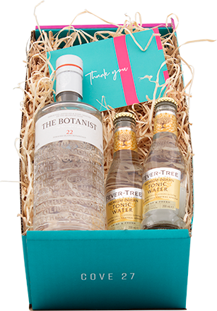 An image of the The Botanist Gin Gift Box with one Botanist gin and two Fever-Tree Tonic Waters in COVE 27 gift packaging.