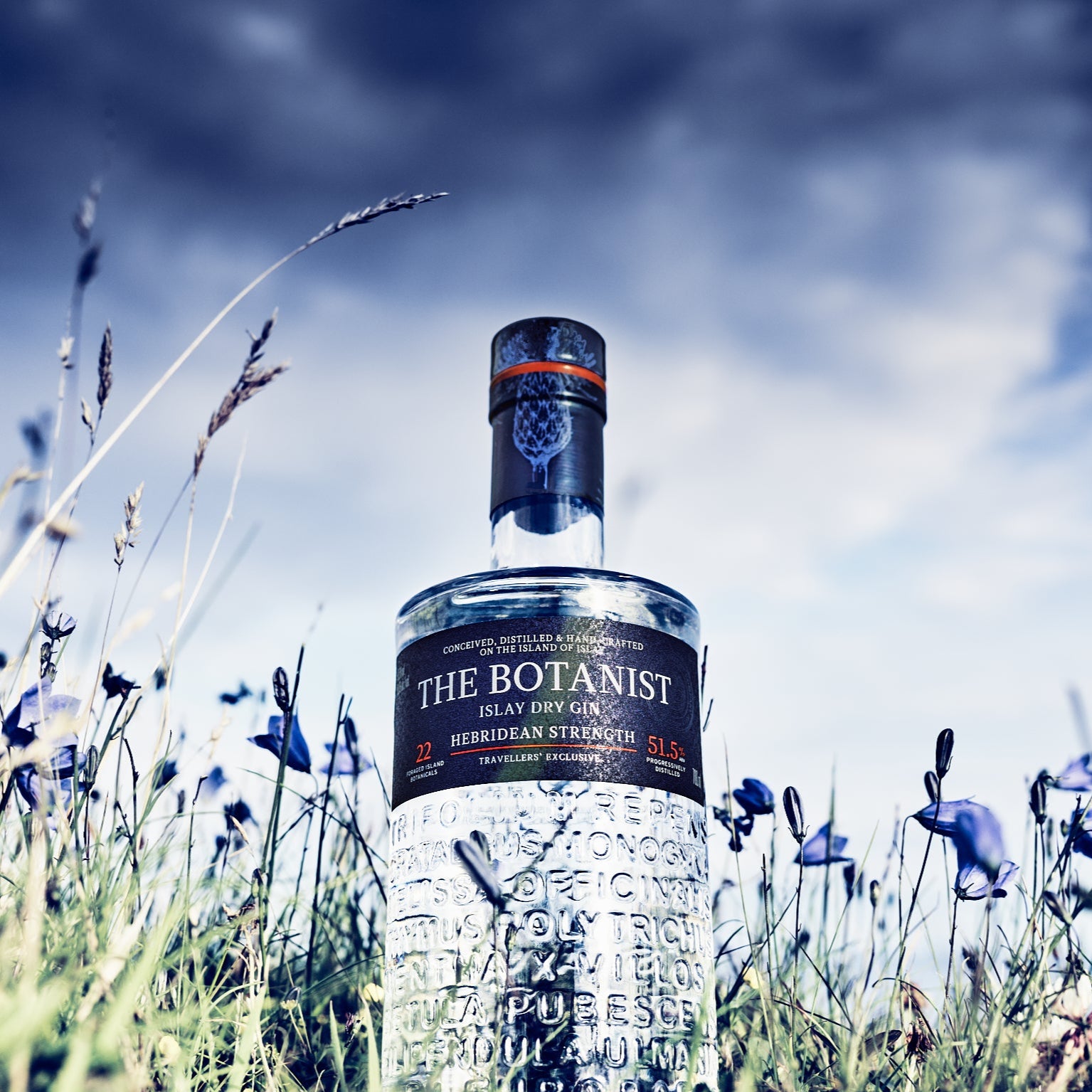 Load image into Gallery viewer, Bottle of 'The Botanist' gin surrounded by wildflowers with a blue sky background