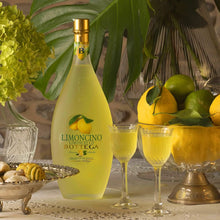 Load image into Gallery viewer, Bottle of Limoncino Bottega with two glasses filled with the product, surrounded by lemons and limes.