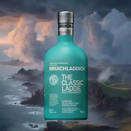 Load image into Gallery viewer, Bruichladdich whisky bottle with a scenic background