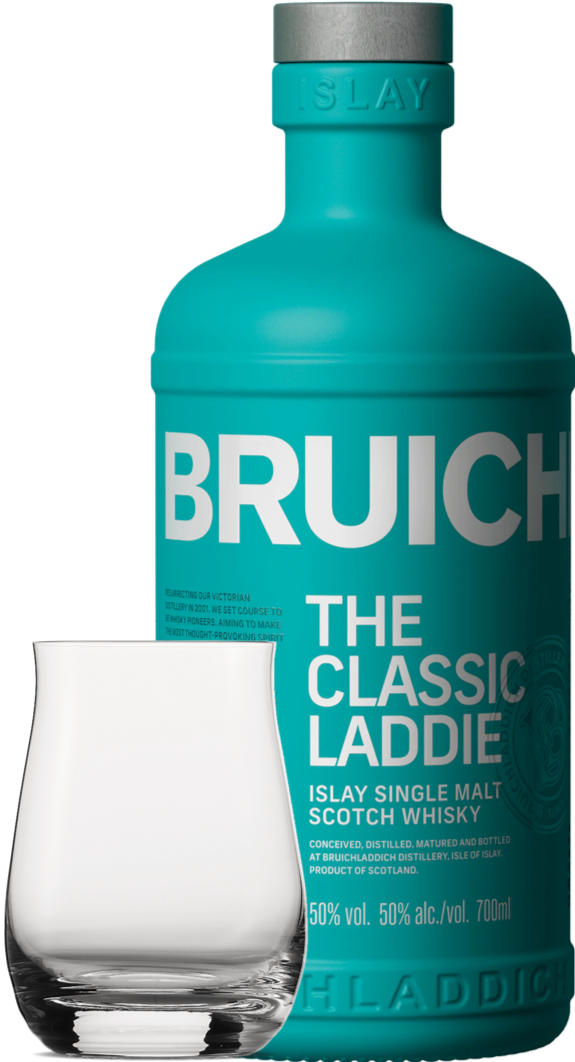 An image of a Bruichladdich Classic Laddie Whisky Gift Box including a handsome whisky tumbler glass