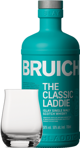 An image of a Bruichladdich Classic Laddie Whisky Gift Box including a handsome whisky tumbler glass