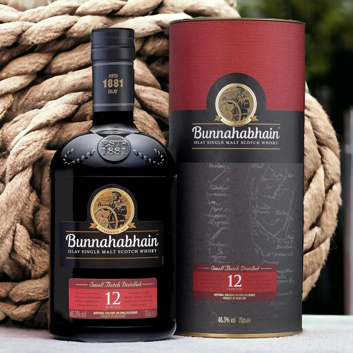 Bunnahabhain 12 year old whisky bottle and packaging with a rope background