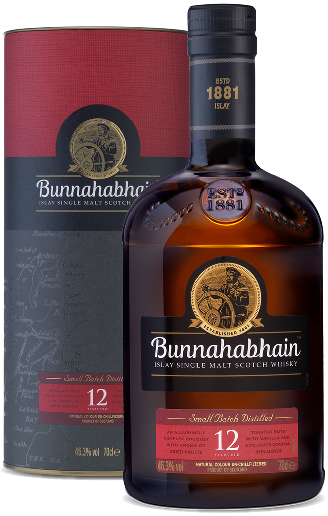 An image of a bottle of Bunnahabhain 12 Year Old Single Malt Scotch Whisky next to its gift box