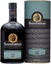 Load image into Gallery viewer, An image of a bottle of Bunnahabhain Stiuireadair Single Malt Scotch Whisky Limited Edition next to its gift tube box