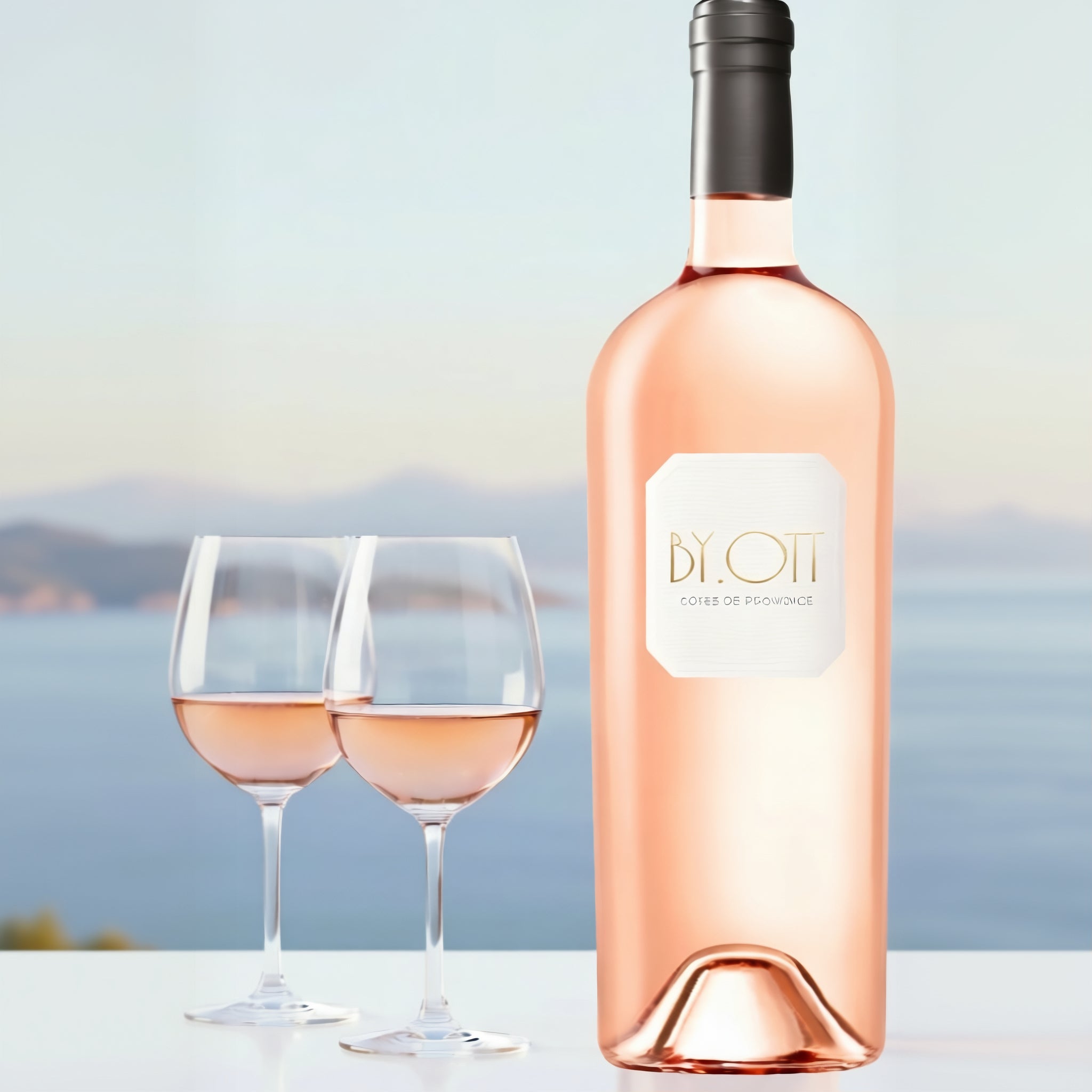 Load image into Gallery viewer, A large bottle of Jeroboam 3000ml BY.OTT Rosé wine stands on a white surface with two filled wine glasses beside it.
