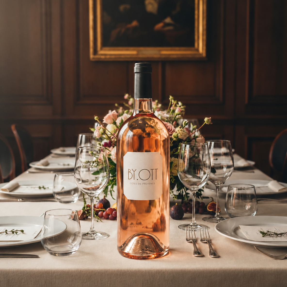 Load image into Gallery viewer, a large bottle of Jeroboam 3000ml BY.OTT Rosé wine centred on a elegantly set dining table with wine glasses, plates, and a floral centrepiece in a dark wood room.