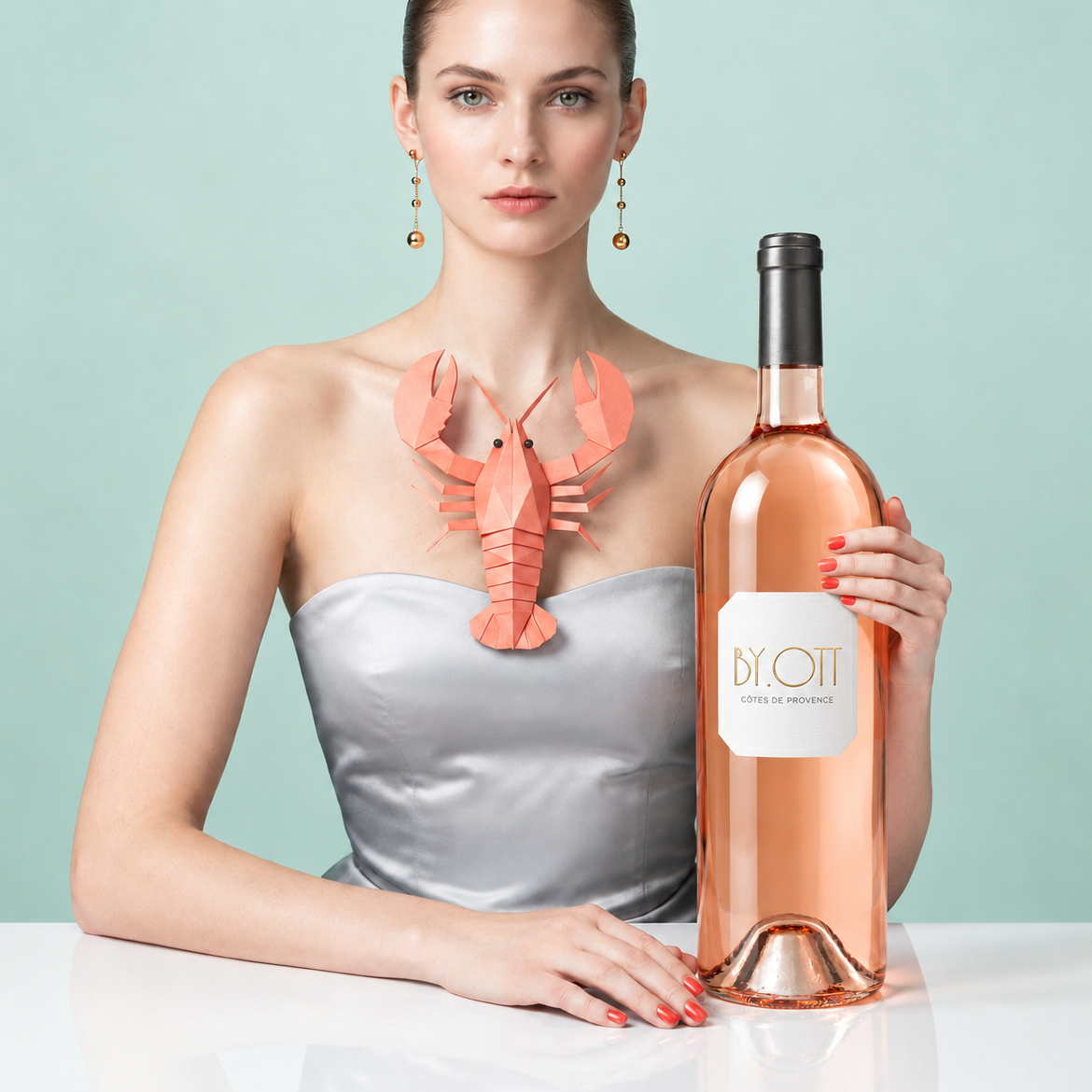 Load image into Gallery viewer, A woman in a silver strapless top holds a large bottle of Jeroboam 3000ml BY.OTT Rosé wine next to a coral-orange lobster-shaped necklace against a pale mint green background.