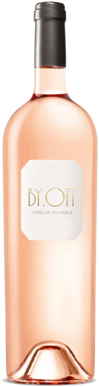 Load image into Gallery viewer, A Jeroboam 3000ml bottle of BY.OTT Rosé wine with a pale pink liquid, a white label with gold lettering, and a black capsule cap, shown against a plain white background.