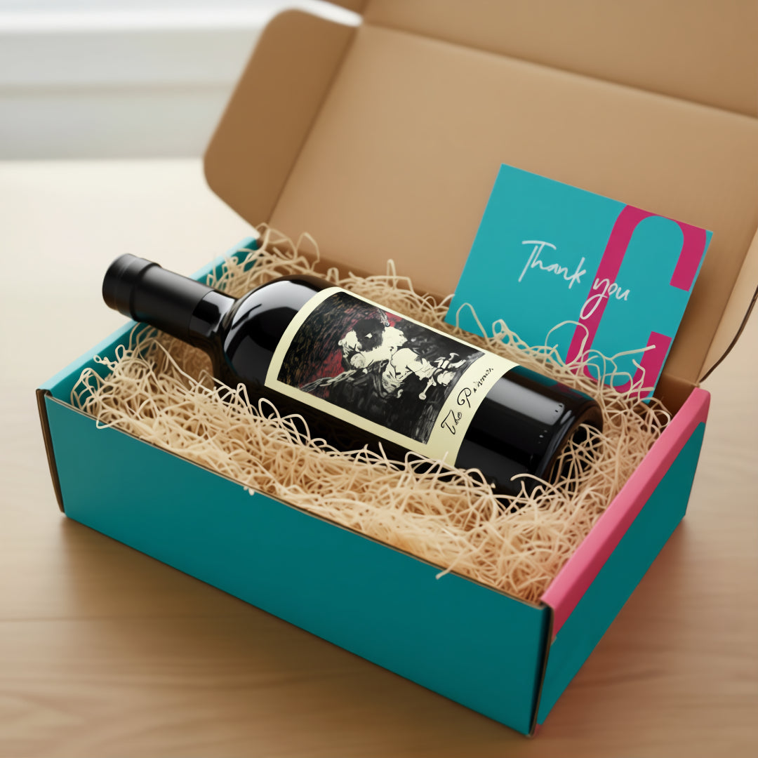 Load image into Gallery viewer, A wine bottle nestled in shredded paper inside an open turquoise and pink gift box, with a turquoise thank-you card visible behind it on a light wood surface.
