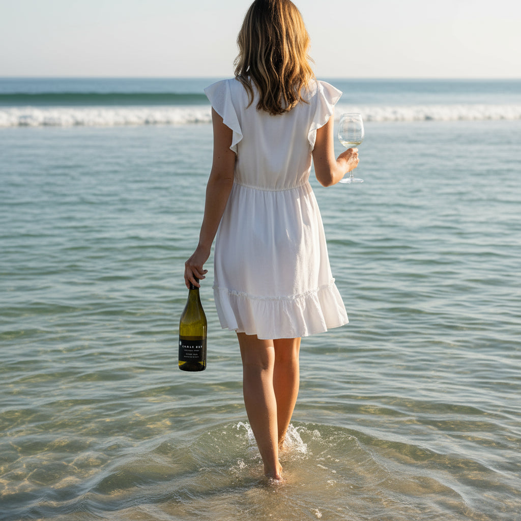 Load image into Gallery viewer, Woman in a white dress holding a bottle of Cable Bay Awatere Valley Pinot Gris wine and glass by the ocean