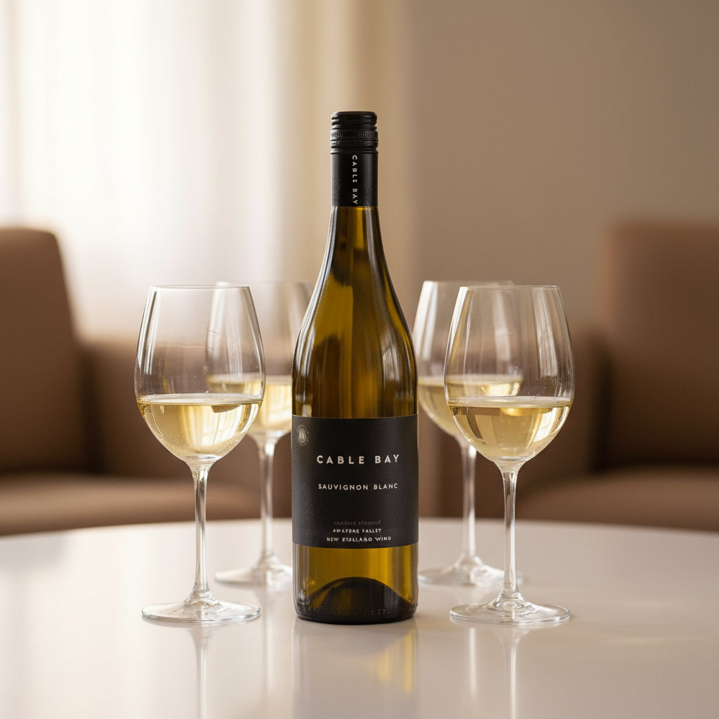 Load image into Gallery viewer, Bottle of Cable Bay Sauvignon Blanc with three glasses of white wine on a table.