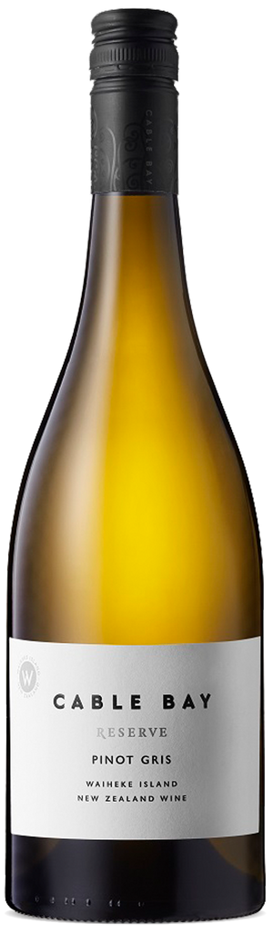 A bottle of Cable Bay Reserve Pinot Gris wine with a label that includes the brand name, variety name, and other details about the wine. The bottle is upright and has a black cap.