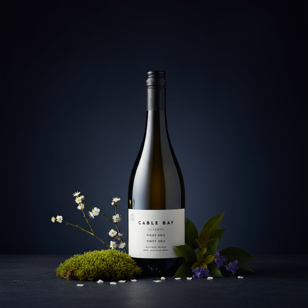 Load image into Gallery viewer, Cable Bay Reserve Pinot Gris wine bottle on a dark background with leaves and flowers surrounding the bottle in an artistic way.