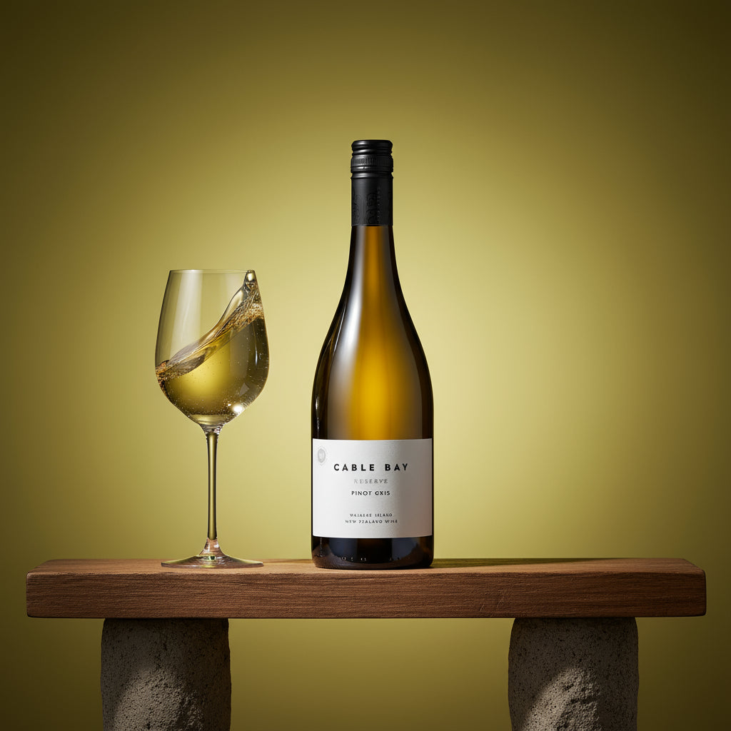 Load image into Gallery viewer, Bottle of Cable Bay Reserve Pinot Gris wine with a glass of wine on a wooden stand against a yellow background